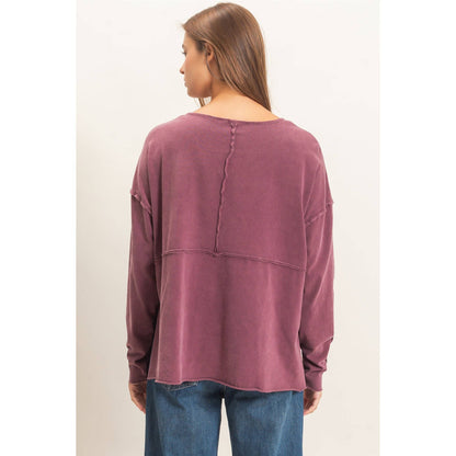 Oversized Henley Top With Raw Edges