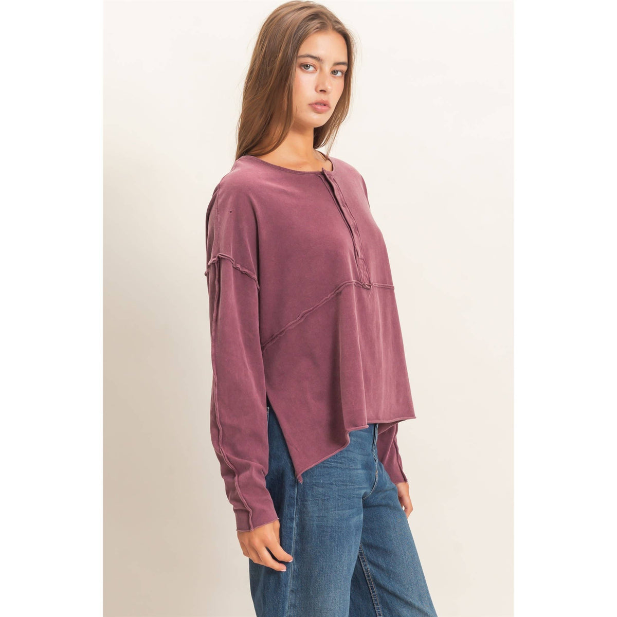 Oversized Henley Top With Raw Edges