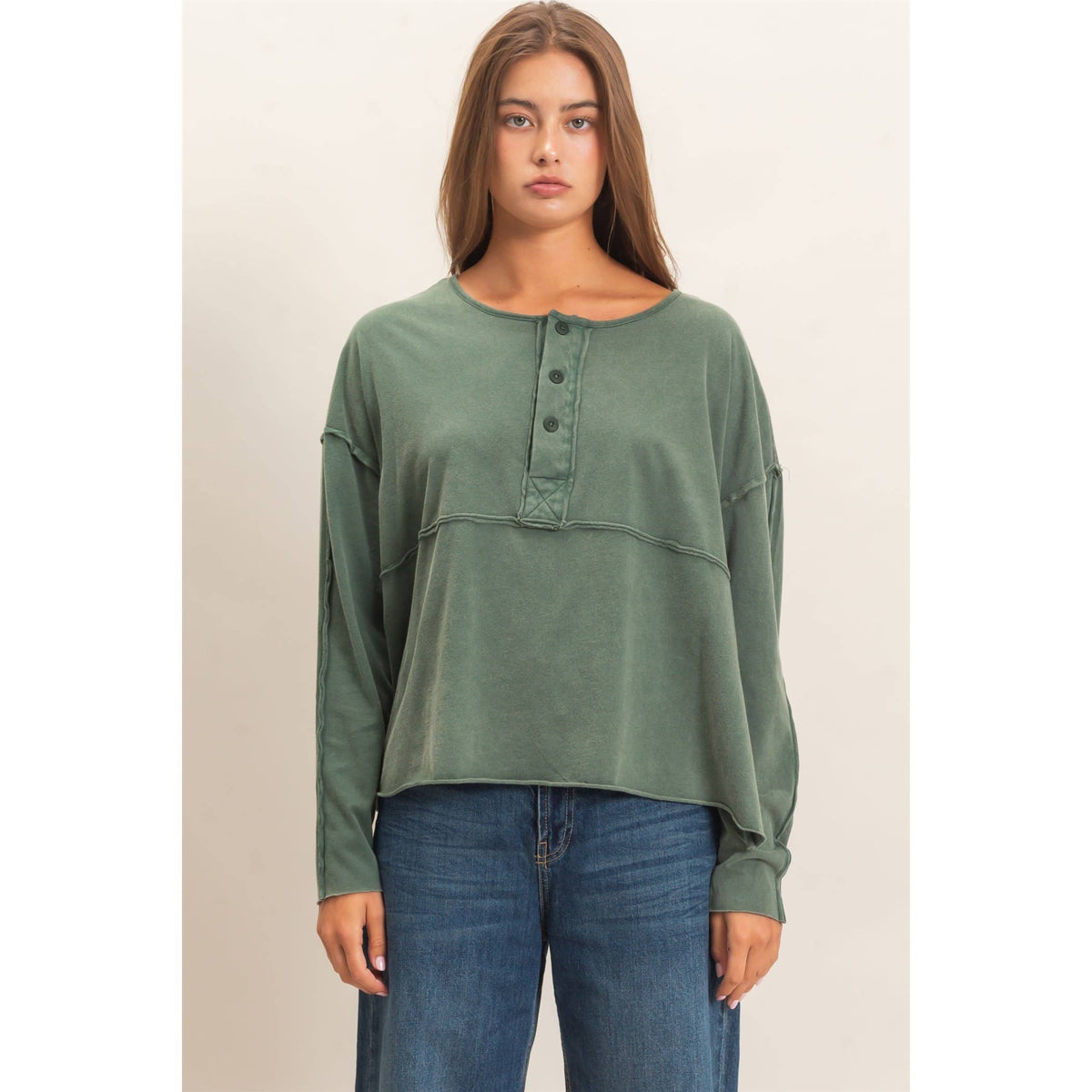 Oversized Henley Top With Raw Edges