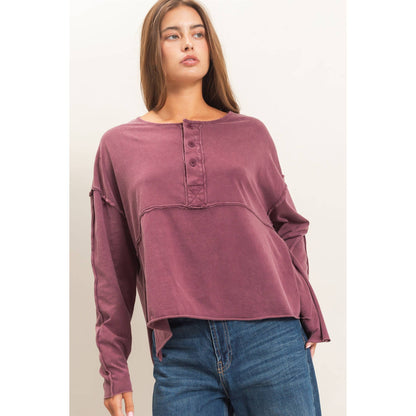 Oversized Henley Top With Raw Edges