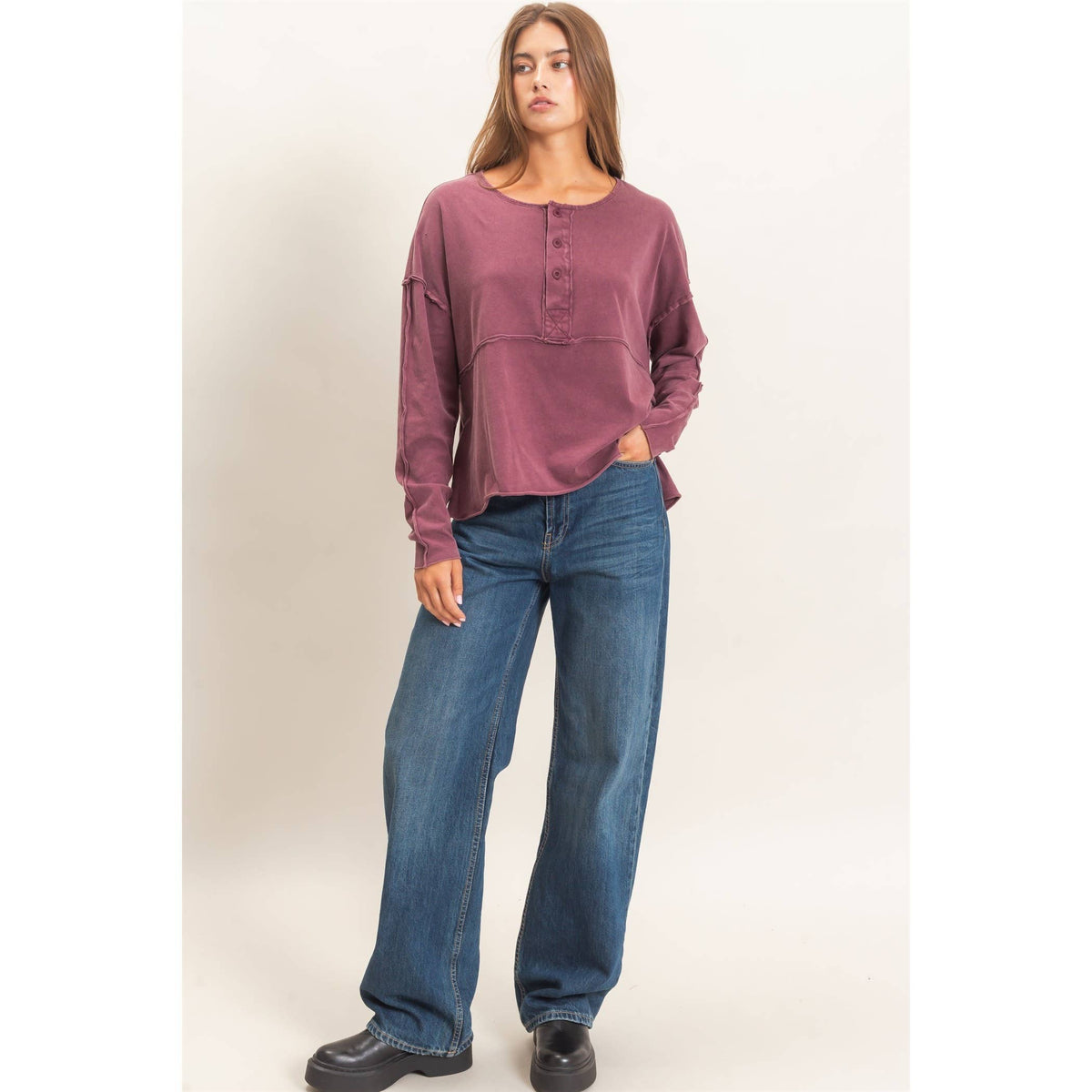 Oversized Henley Top With Raw Edges